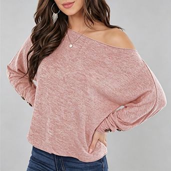 Women Off Shoulder Batwing Sleeve Blouse, Button Stretch Long Sleeve Skew Neck Casual Top