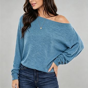 Women Off Shoulder Batwing Sleeve Blouse, Button Stretch Long Sleeve Skew Neck Casual Top