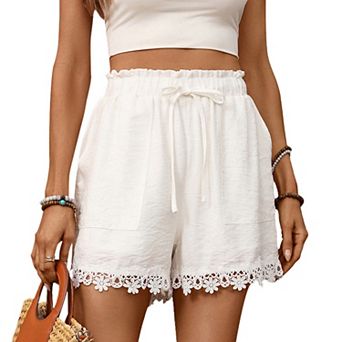 Women Ruffle Elastic Waist Drawstring Lace Hem Casual Summer Shorts with Pockets