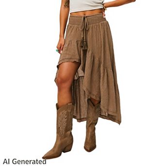Women's Boho High Low Smocked Drawstring Waist Flowy Asymmetrical Maxi Western Style Skirts