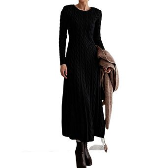 Women Round Neck Cable Knit Long Sleeve Midi Sweater Dress Casual Loose Fall Maxi Layering Dress