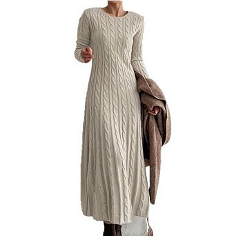 Women Round Neck Cable Knit Long Sleeve Midi Sweater Dress Casual Loose Fall Maxi Layering Dress