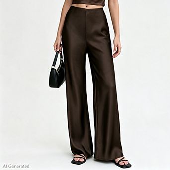 Women Satin Wide Leg Pants High Waist Straight Leg Silky Side Pocket Elegant Office Trousers