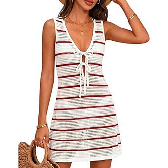 Women Crochet Swimsuit Cover Up Striped Sleeveless Knit Mini Dress Summer Bathing Suit Coverup Dress