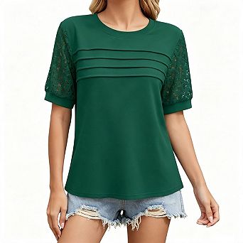 Seoria Short Sleeves Crewneck Blouses Pleated Front Tops