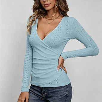 Womens Long Sleeve Deep V Neck Wrap Ruched Slim Fit Shirts Button Side Blouse Eyelet Plain T Shirt