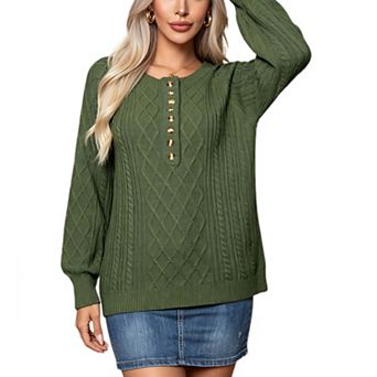 Women Button Neck Cable Knit Loose Pullover Sweater