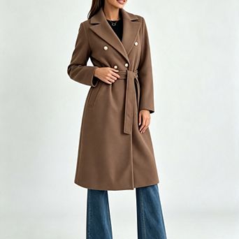 Women's Double Breasted Belted Midi Coat, Lapel Long Business Casual Winter Overcoat with Pockets