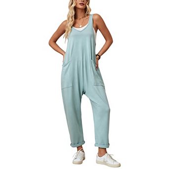 Women's Sleeveless Knit Jumpsuit Loose Overalls with Pockets Casual Baggy Romper