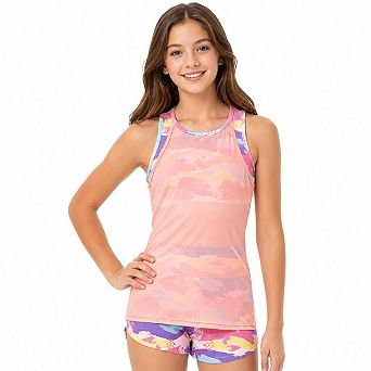 Girls Mesh Overlay Tank Top Racerback Athletic Shirt For Yoga Dance Sports Activities
