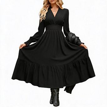 Women V Neck Ruffle Collar Long Sleeve Smocked Waist Tiered Flowy Midi Dress