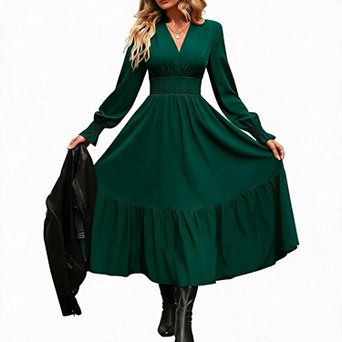 Women V Neck Ruffle Collar Long Sleeve Smocked Waist Tiered Flowy Midi Dress