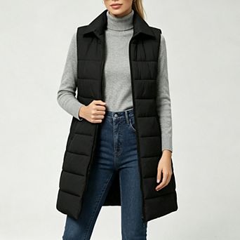 Women's Long Padded Gilet, Stand Collar Full Zip Sleeveless Vest with Side Pockets for Fall Winter