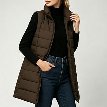 Women's Long Padded Gilet, Stand Collar Full Zip Sleeveless Vest with Side Pockets for Fall Winter
