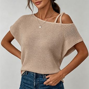 Womens Off One Shoulder Waffle Knit Short Sleeve t-Shirts Casual Lightweight Solid Color Blouses