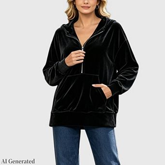 Womens Half Zip Oversized Velvet Sweatshirts Trendy Long Sleeve Pullover Hoodies