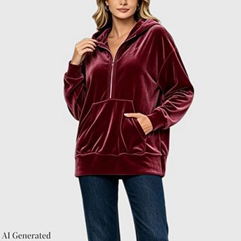 Womens Half Zip Oversized Velvet Sweatshirts Trendy Long Sleeve Pullover Hoodies