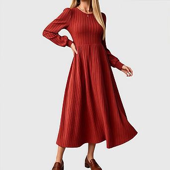 Womens Maxi Sweater Dress Casual Fall Long Sleeve Crew Neck Ribbed Knit Long Dresses