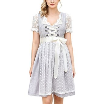 Women's Oktoberfest Dirndl 3 pc Set Jacquard Lace Up Costume Dress Apron Lace Short Sleeve Blouse