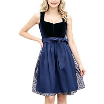 Women's Oktoberfest Dirndl 2 pc Set Velvet Bodice Satin Jacquard Costume Dress Apron For Party