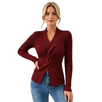 Women's Knit Sweater V Neck Long Sleeve Fitted Pullover Tops Business Casual Fall Outfits