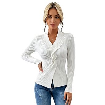 Women's Knit Sweater V Neck Long Sleeve Fitted Pullover Tops Business Casual Fall Outfits