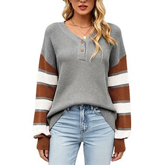 Womens Oversized Sweatshirt Striped Long Sleeve V Neck Waffle Knit Pullover Tops