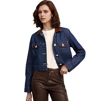 Women Faux Leather Collar Gold Button Cropped Denim Jacket Pocket Decor Short Coat