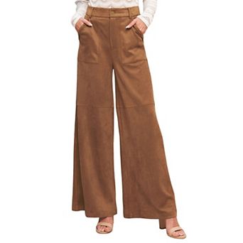Women High Waist Faux Suede Wide Leg Pants Braided Pocket Casual Long Trousers