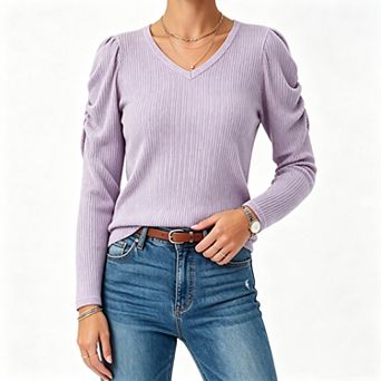 Women's V Neck Puff Long Sleeve Ribbed Knit Casual Lightweight Blouse