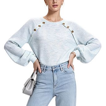 Women's Waffle Knit Long Sleeve Casual Blouse Crewneck Button Raglan Fashion Daily Wear Top