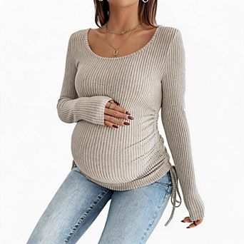 Women's Maternity Ribbed Knit Top, Long Sleeve Crew Neck Pregnancy Shirt with Ruched Side