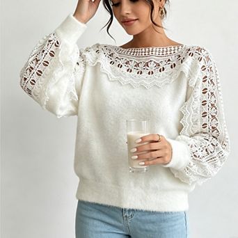 Women's Lace Lantern Sleeve Knit Sweater Fall Pullover Top Elegant Boatneck Crochet