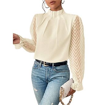 Womens Long Sleeve Shirts Pleated Lace Tops Mock Neck Business Casual Tunic Chiffon Blouses
