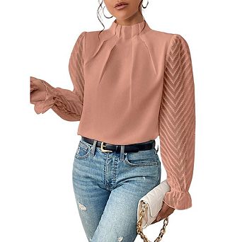 Womens Long Sleeve Shirts Pleated Lace Tops Mock Neck Business Casual Tunic Chiffon Blouses