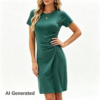 Women's Soft Short Sleeve Knee Length Casual Pull On Solid Round Neck Fold Vacation Dress