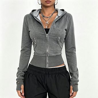 Kojooin Women Cropped Zip Up Hooded Studded Streetwear Slim Fit Athletic Long Sleeve Jacket