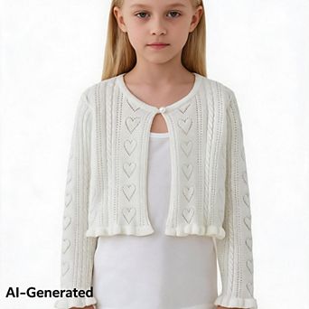 Girls Heart Knit Cardigan Long Sleeve Ruffle Trim Shrug Open Front Dress Cover Up