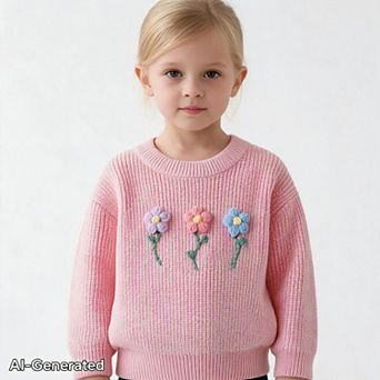 Girls Floral Knit Sweater Crew Neck Long Sleeve Loose Pullover Top For Daily School Casual Layering