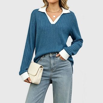 Women's Long Sleeve Contrast Collared Shirts Patchwork Work Blouse Tunics Tops