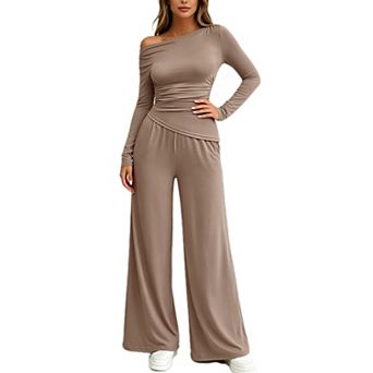 Women's 2 pc Lounge Sets Off the Shoulder Long Sleeve Ruched T Shirt Casual Wide Leg Pants