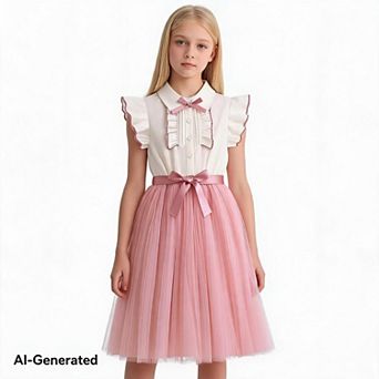 Girls Tulle Party Dress Ruffle Sleeveless Formal Outfit Bow Waist Midi Dress For Wedding Holiday