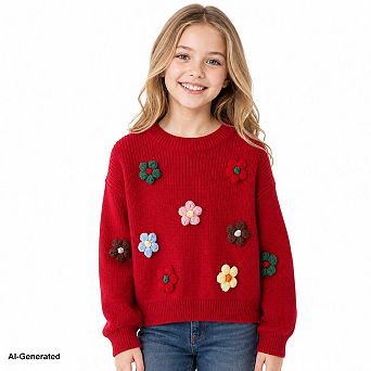 Girls Floral Pullover Sweater Crew Neck Long Sleeve Loose Top For School Daily Casual Layering
