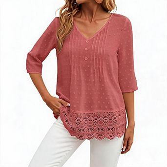 3/4 Sleeve Tops for Women V Neck Shirts Casual Lace Hem Tunic Blouse Daily Shirt