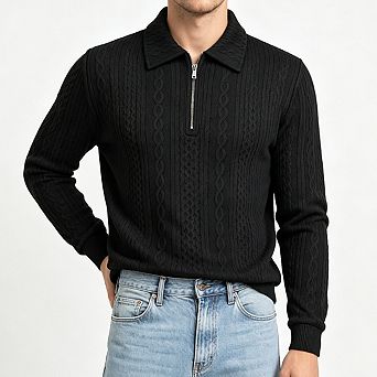 Men Knit Quarter Zip Polo Sweater Lapel Collar Long Sleeve Loose Fit Solid Casual Pullover Knit Top