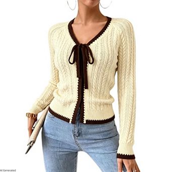 Women's V Neck Color Block Tie Front Cable Knit Loose Fit Long Sleeve Open Front Knit Cardigan