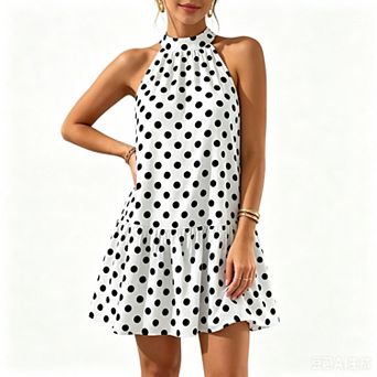 Women Halter Polka Dot Babydoll Summer A Line Flowy Sleeveless Dress Beach Vacation Sundress