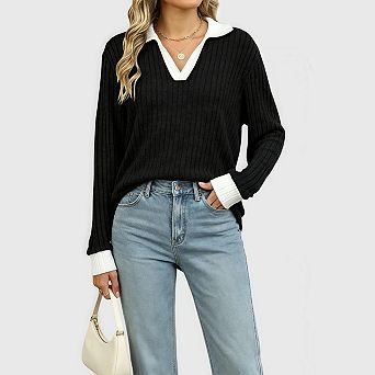 Women's Long Sleeve Contrast Collared Shirts Patchwork Work Blouse Tunics Tops