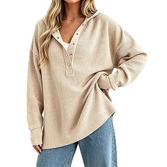Women's Hooded Half Snap Henley Long Sleeve Ribbed Knit Oversized Relaxed Fit Side Slit Tunic Top