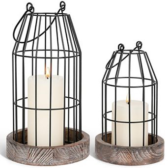 Rustic Farmhouse Candle Holder Set of 2, Vintage Wood Metal Birdcage Lantern Tabletop Centerpiece